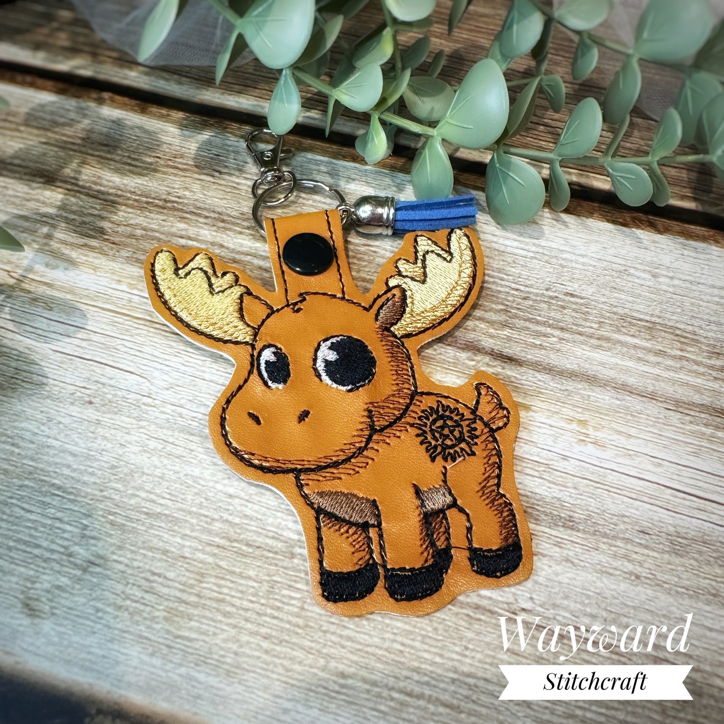 Moose & Squirrel Embroidered Leatherette Keyring