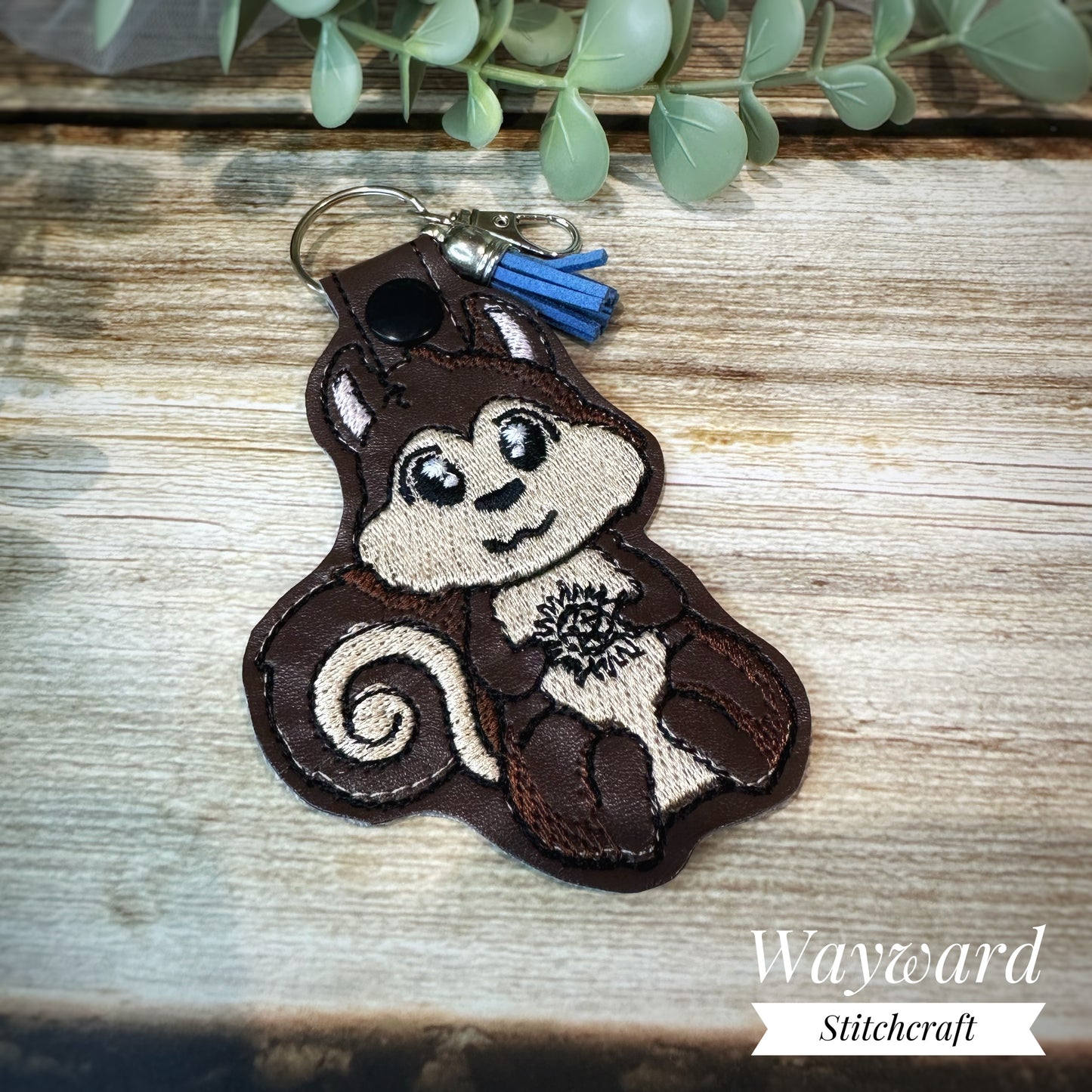 Moose & Squirrel Embroidered Leatherette Keyring