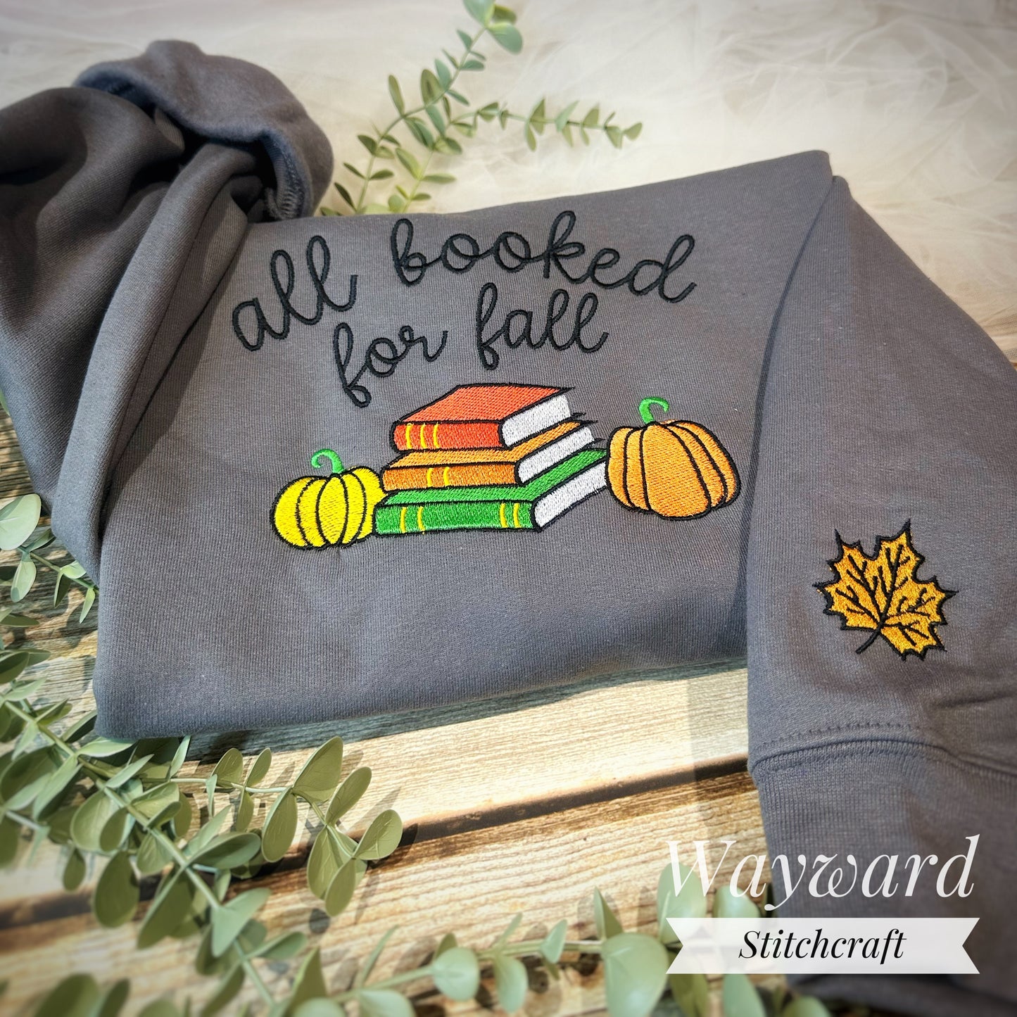 All Booked For Fall Embroidered Sweatshirt