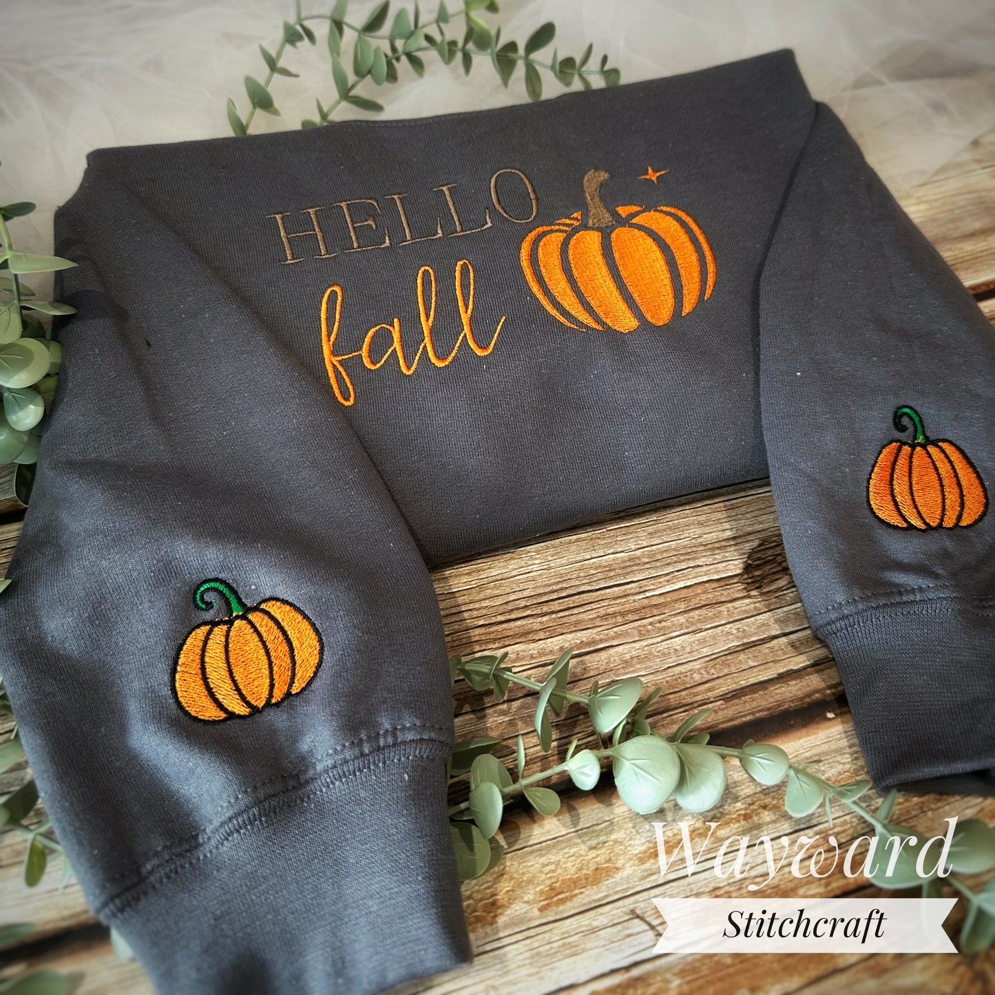 Hello Fall, Pumpkin Embroidered Sweatshirt