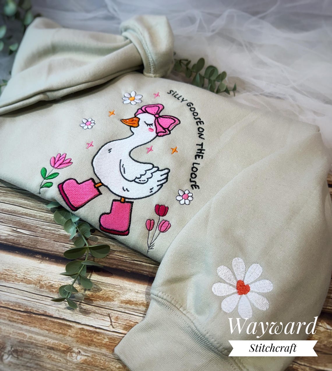 Cute Silly Goose On The Loose Embroidered Sweatshirt