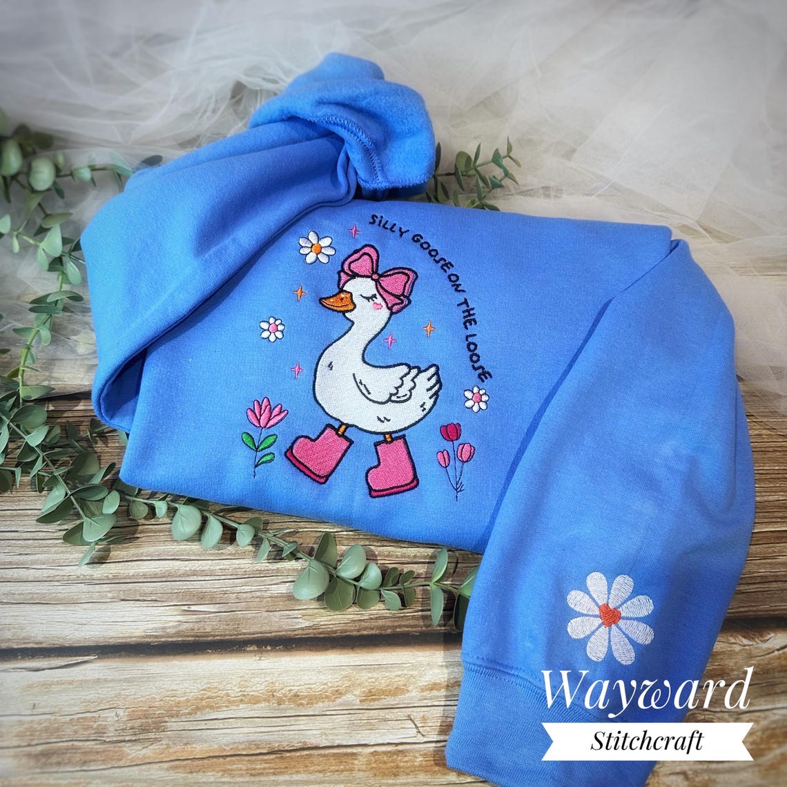 Cute Silly Goose On The Loose Embroidered Sweatshirt