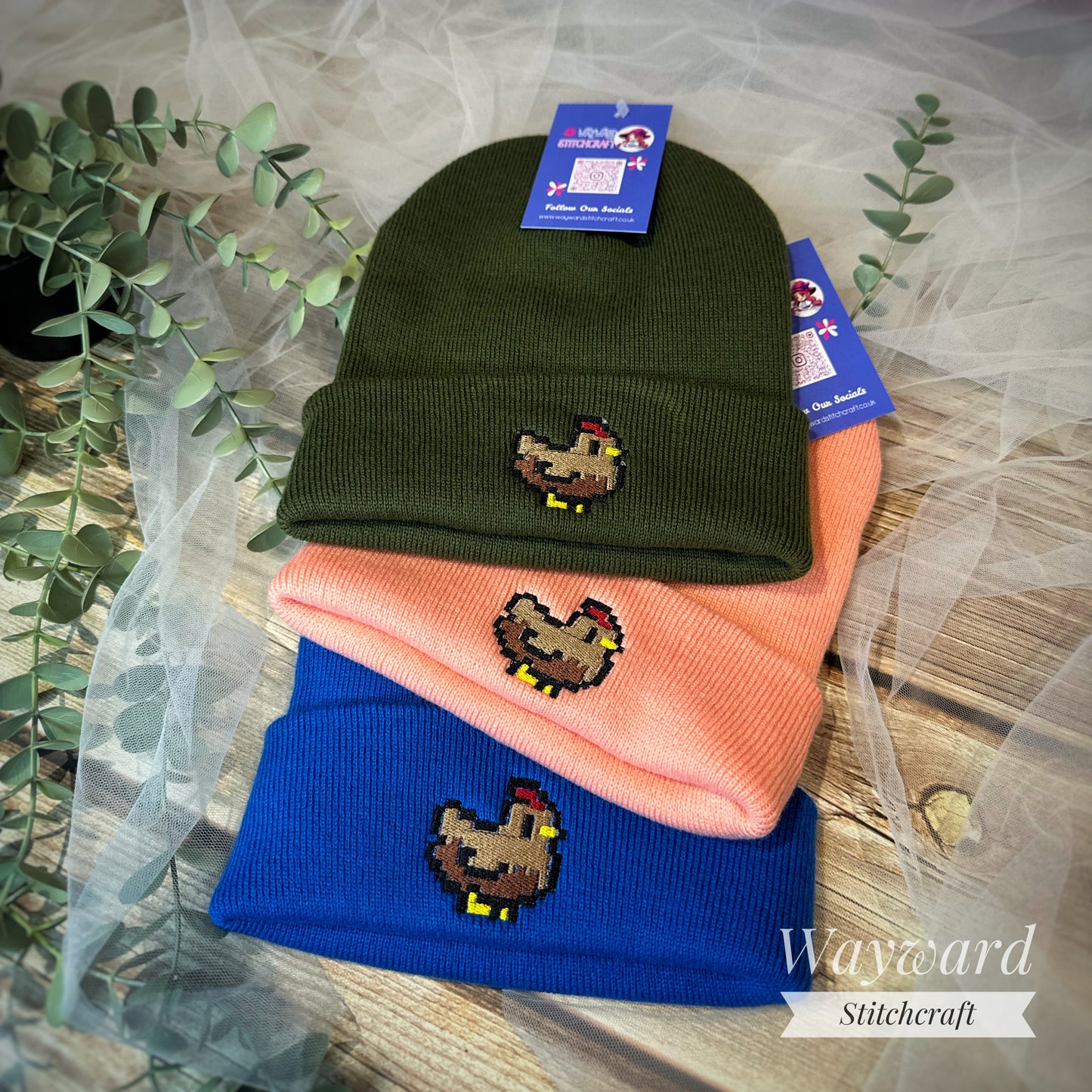 Pixel Chicken Embroidered Beanie Hat