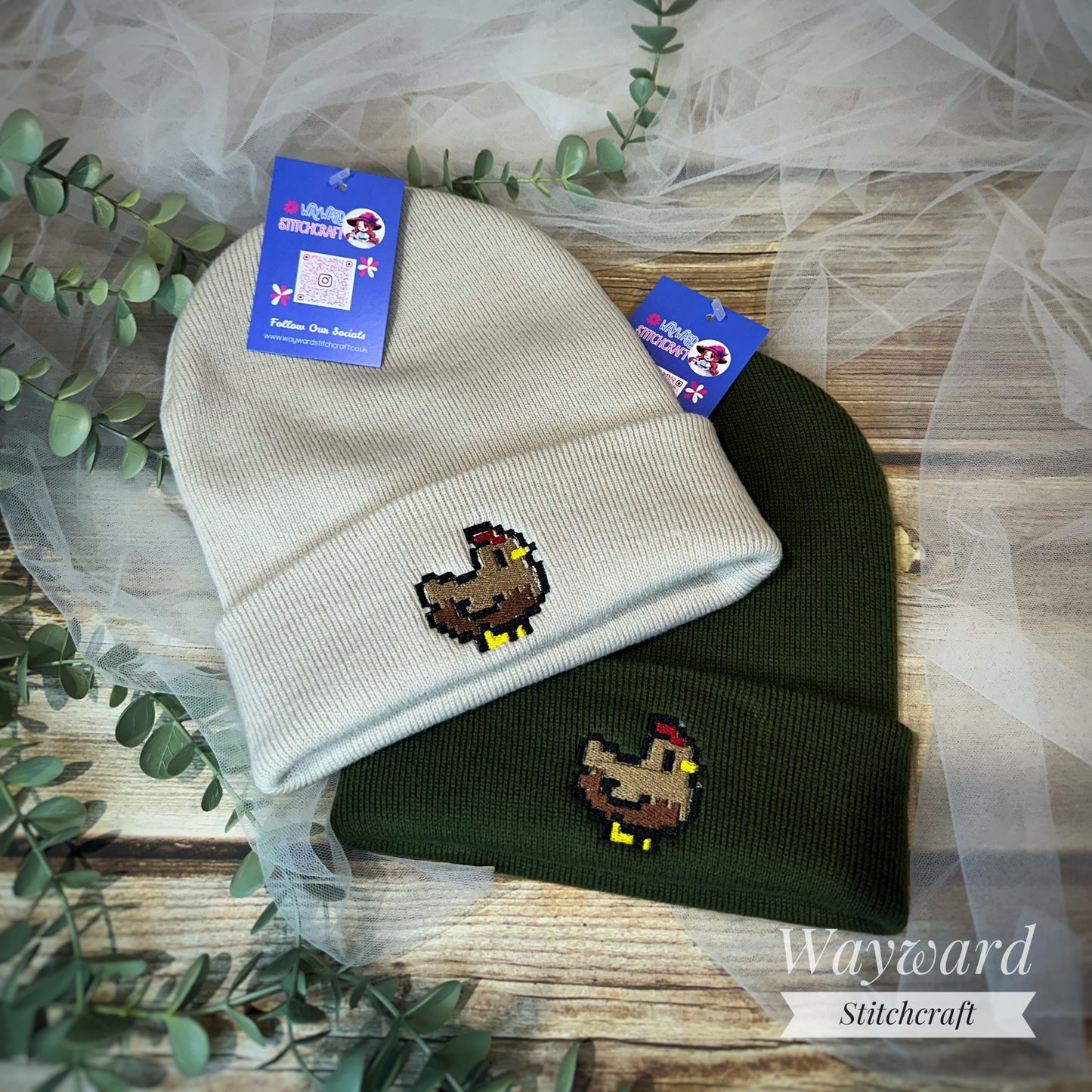Pixel Chicken Embroidered Beanie Hat