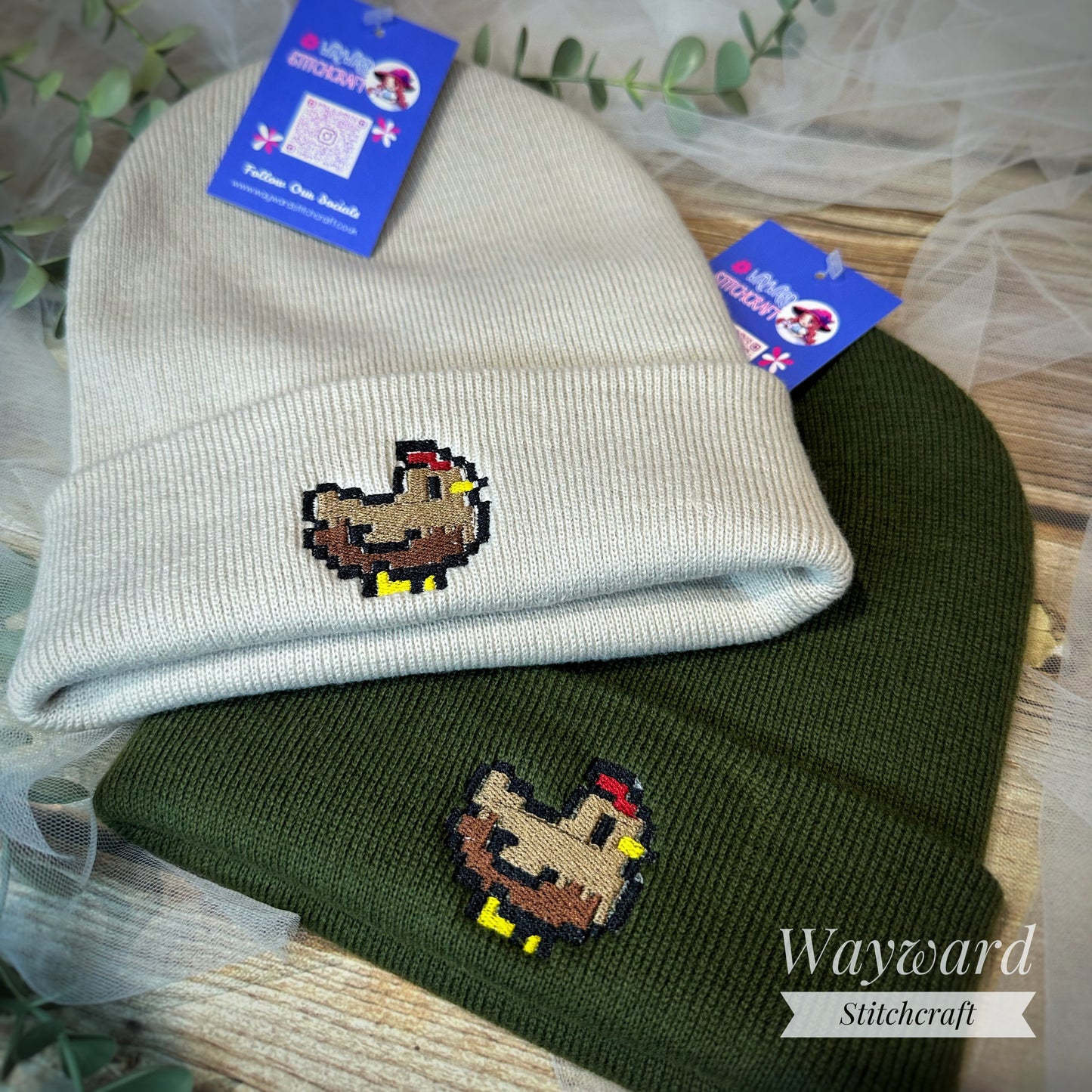 Pixel Chicken Embroidered Beanie Hat