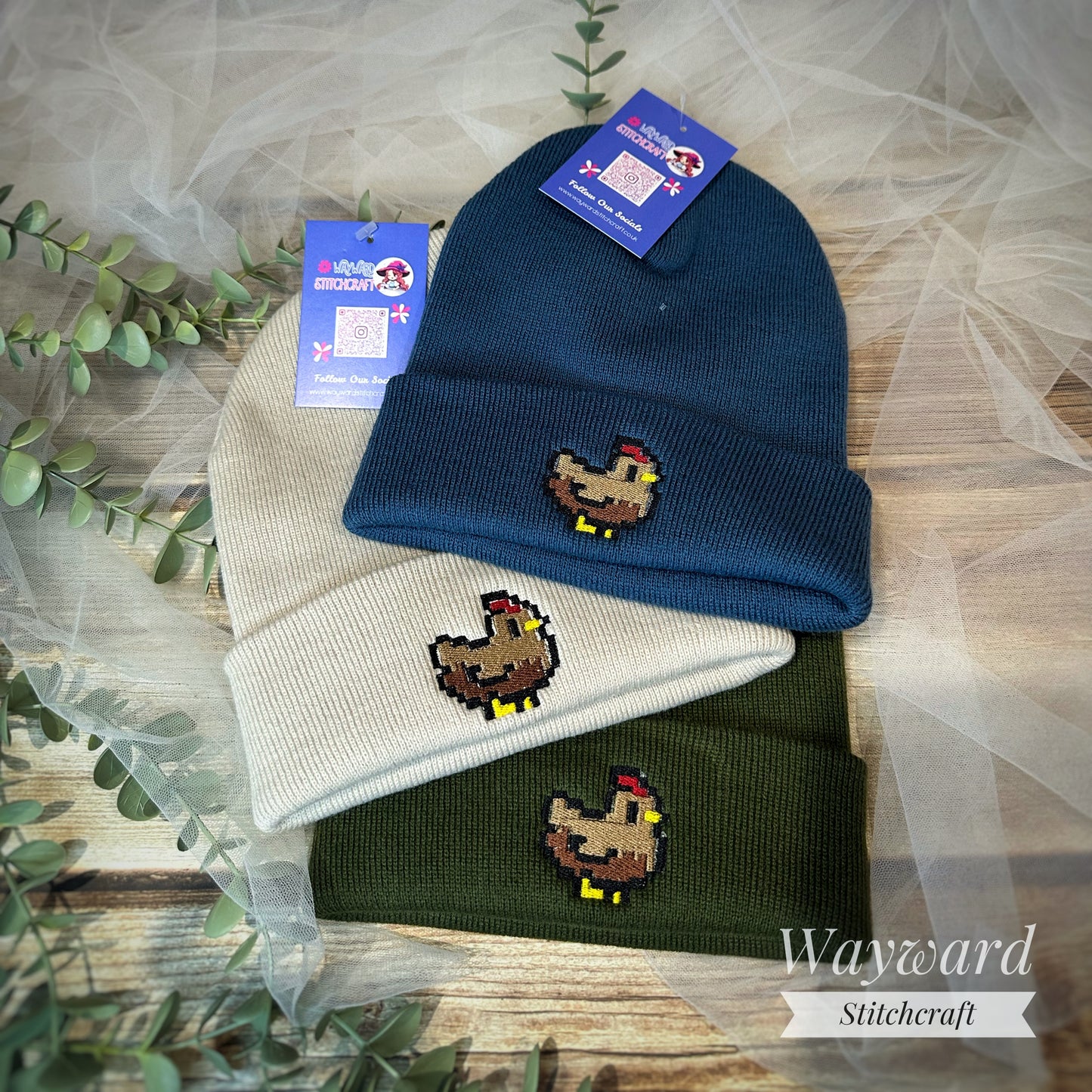 Pixel Chicken Embroidered Beanie Hat