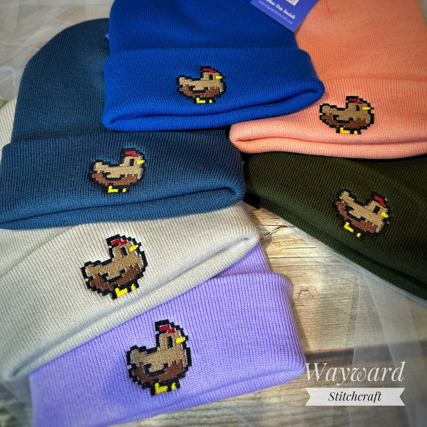 Pixel Chicken Embroidered Beanie Hat
