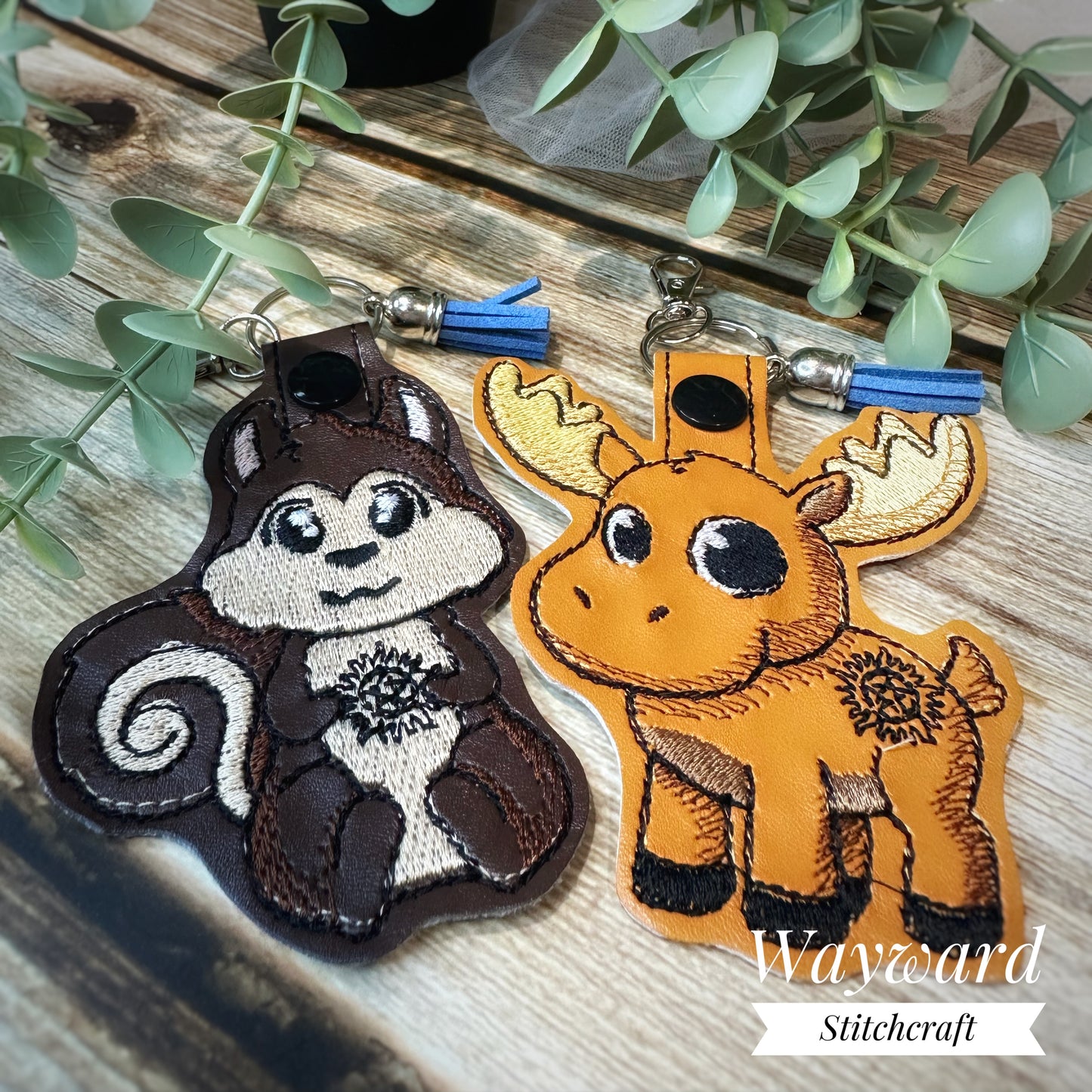 Moose & Squirrel Embroidered Leatherette Keyring