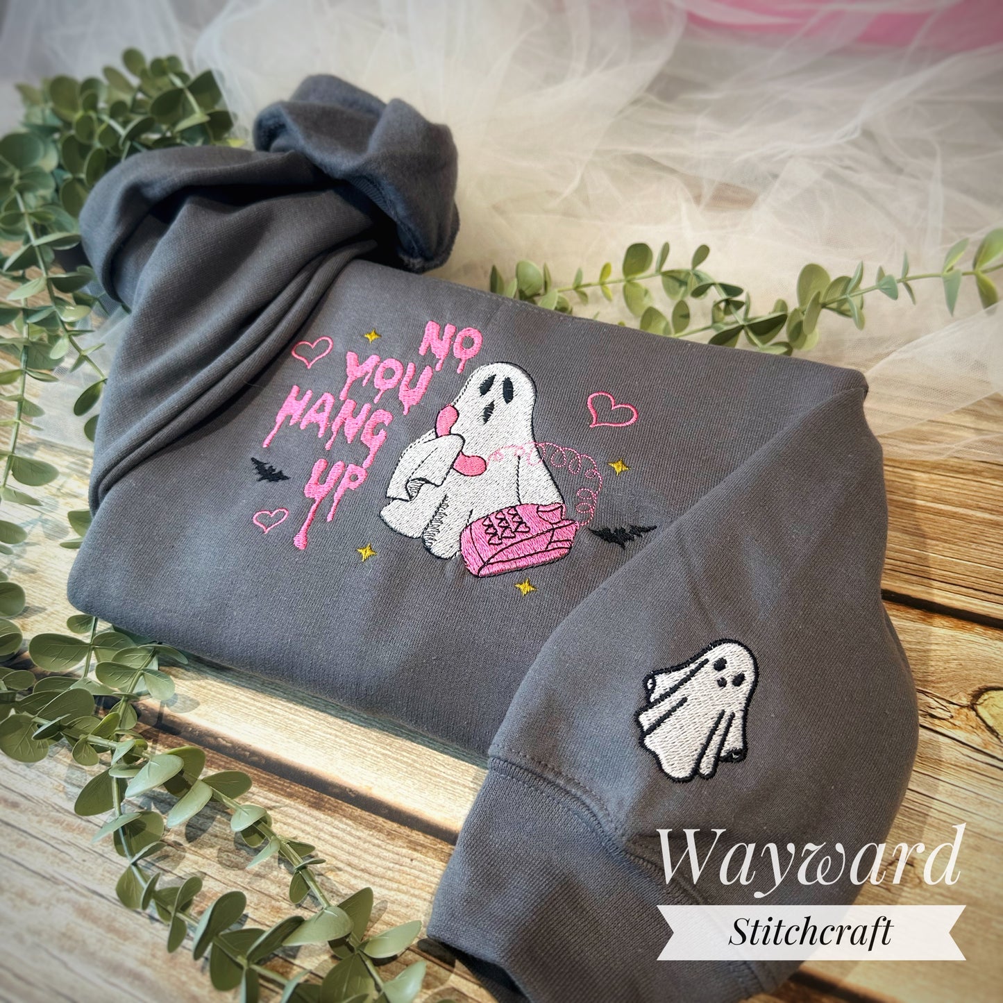 No You Hang Up Ghost Embroidered Sweatshirt