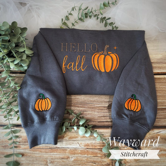 Hello Fall, Pumpkin Embroidered Sweatshirt