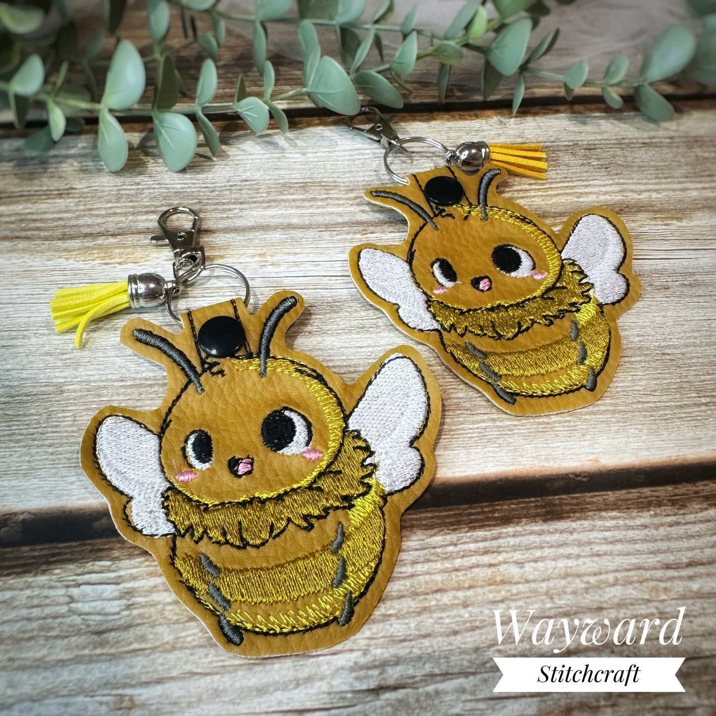 Bumble Bee Embroidered Leatherette Keyring