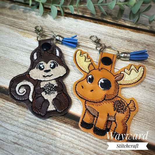 Moose & Squirrel Embroidered Leatherette Keyring