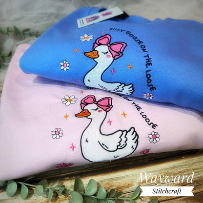 Cute Silly Goose On The Loose Embroidered Sweatshirt